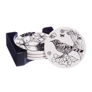 Black Ink Botanical Coloring Book Inspired Ceramic Coaster Set With Caddy NEW